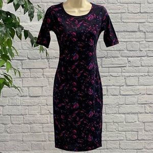 LuLaRoe Julia Dress Black with Blue & Pink Geometric Print Size XXS NWOT